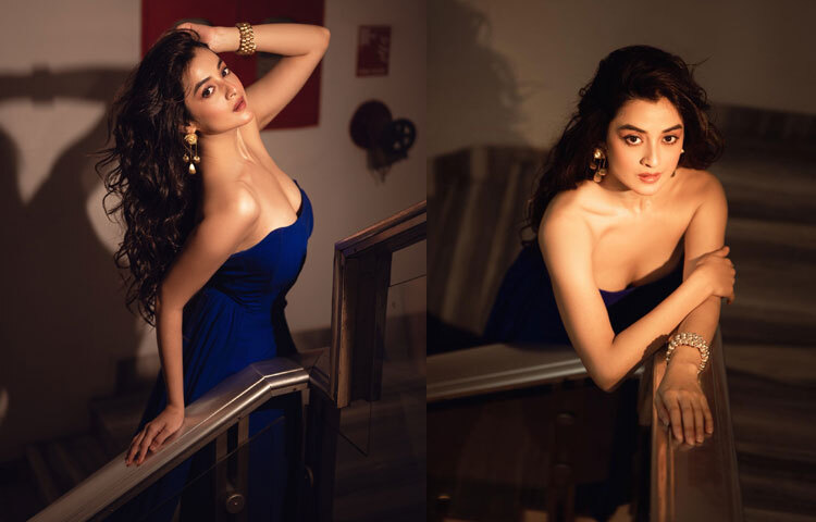 নীল গাউনে লাস্যময়ী দর্শনা