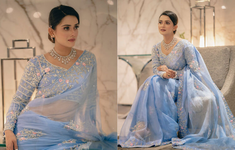 ছবিতে তিশার নীল শাড়ির অনবদ্য সাজ