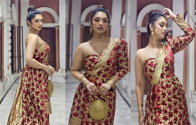 ওয়ান শোল্ডার গাউনে নজরকাড়া হৃদি