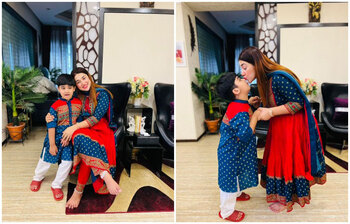 একই রঙের পোশাকে অপু-জয়