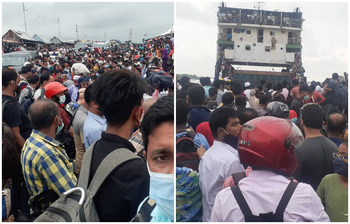 বাংলাবাজারে ফেরির অপেক্ষায় ঢাকামুখী মানুষ