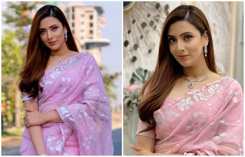 গোলাপি শাড়িতে মিম