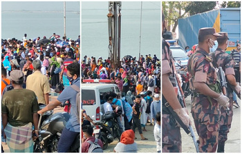 শিমুলিয়া ফেরিঘাটে বিজিবি মোতায়েনের পরও উপচেপড়া ভিড়