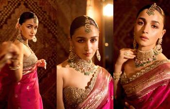 হট পিংক কালারের শাড়িতে নজরকাড়া আলিয়া