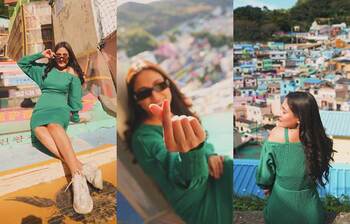 অফ শোল্ডার মিডি ড্রেসে আকর্ষণীয় মেহজাবীন