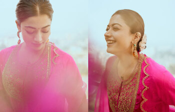 গোলাপি রঙে স্নিগ্ধ রাশমিকা