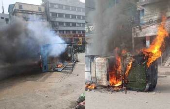 শ্রমিকদের আগুনে পুড়ছে সেনাবাহিনী-পুলিশের গাড়ি