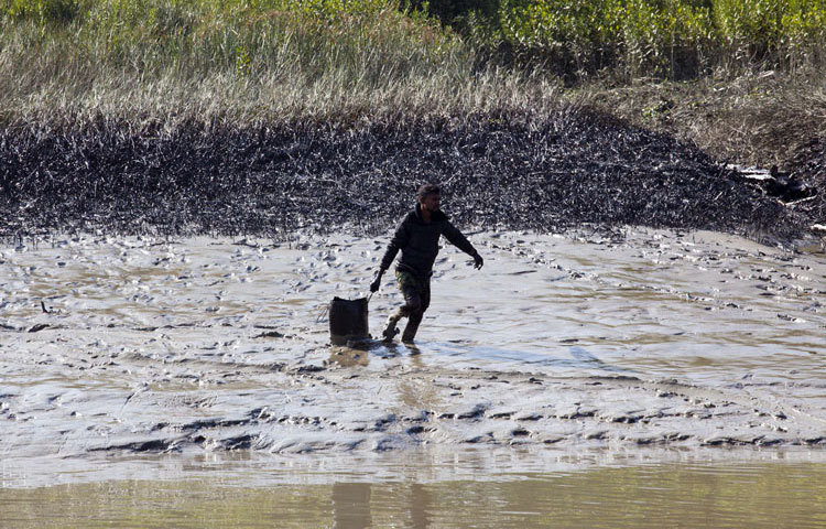 সুন্দরবনে ট্যাংকার দুর্ঘটনার পর ছড়িয়ে পড়ছে তেল এখনো কৃত্রিম পদ্ধতিতে সংগ্রহ করছেন স্থানীয় জনগণ