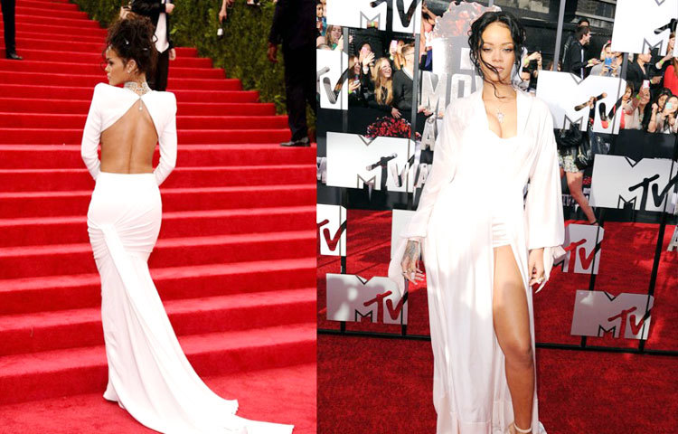 সাদা গাউনে ক্যামেরার সামনে দাঁড়িয়েছেন রিহান্না।