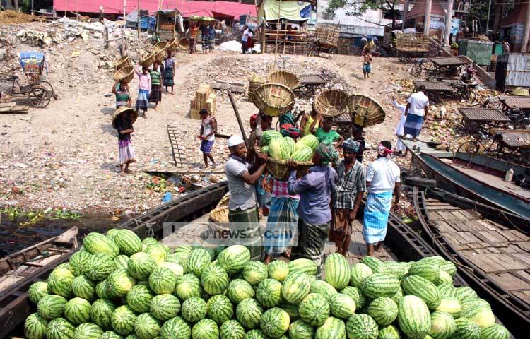 দেশের বিভিন্ন স্থান থেকে রাজধানীতে আসতে শুরু করেছে রসালো তরমুজ। ছবি : বিপ্লব দিক্ষিৎ।