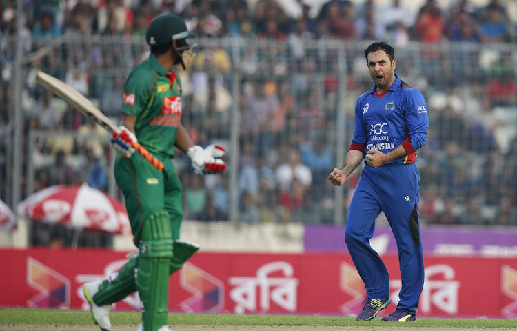 মোহম্মদ নবি সাকিব আল হাসানের উহকেট পাওয়ার পরে উল্লাস প্রকাশ করছেন।