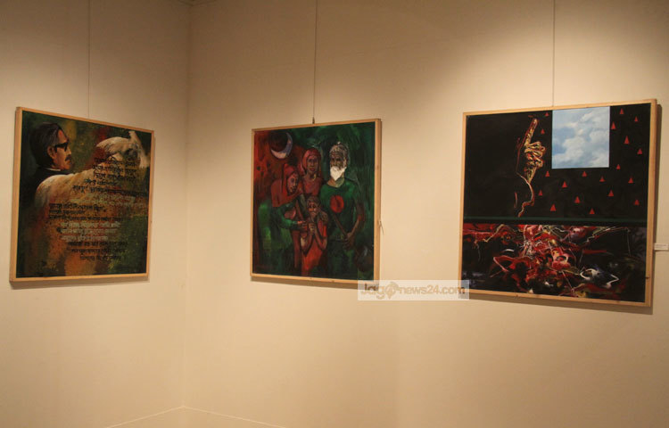 শিল্পীর নিপুণ তুলিতে ফুটিয়ে তোলা হয়েছে বঙ্গবন্ধুর প্রতিকৃতি। এ প্রদর্শনীর মাধ্যমে নতুন প্রজন্মের কাছে বঙ্গবন্ধুর জীবন ও কর্ম সম্পর্কে তুলে ধরা হচ্ছে। ছবি : মাহবুব আলম।