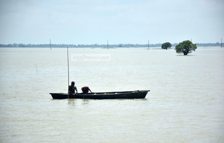 হাওরের মৎস্য জীবন। ছোট নৌকায় জাল ফেলে মাছ ধরা হচ্ছে। ছবি : মাহবুব আলম।