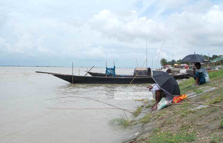 পদ্মার তীরে সবে জলরাশি ফেলে মাছ ধরা হচ্ছে। বরশিতে দেশীয় নানা জাতের মাছ পাওয়া যায়।ছবি : রবিউল ইসলাম পলাশ।