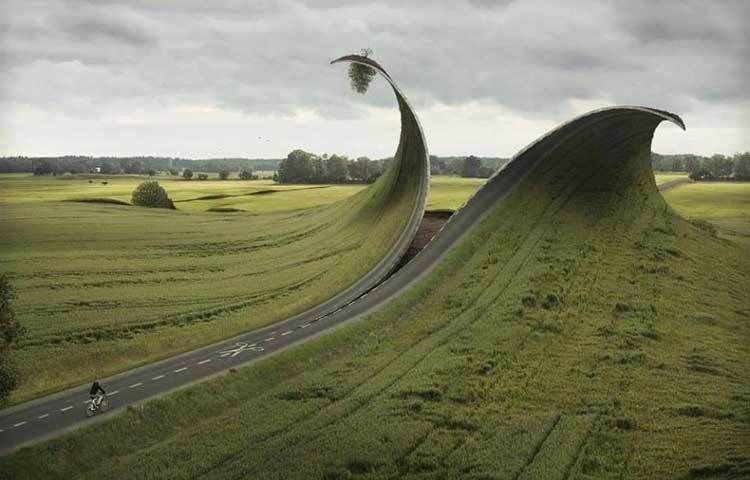 সাইকেল আরোহী সামনের দিকে যেতে যেতে দেখলেন তার রাস্তা মাদুরের মত উল্টে যাচ্ছে।