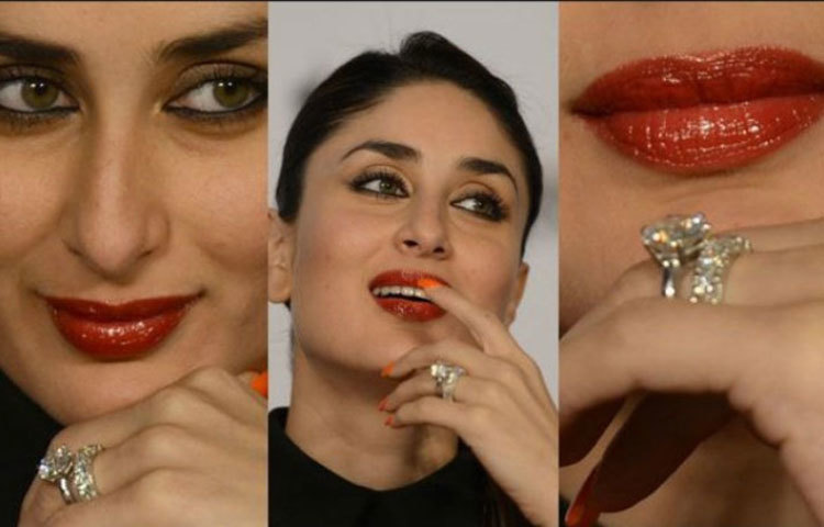 কারিনা কাপুর খান : প্ল্যাটিনাম আর হিরের যুগলবন্দিতে কারিনার হাতে জ্বলজ্বল করে একটি বড়সড় হিরের এনগেজমেন্ট রিং। ৫ ক্যারেট হিরে বসানো আংটিটি করিনাকে উপহার দিয়েছিলেন সাইফ।