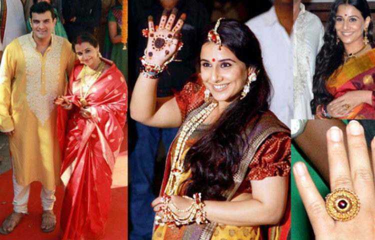 বিদ্যা বালান : বাকিদের চেয়ে বেশ খানিকটা আলাদা বিদ্যার বিয়ের আংটিটি। হিরে নয়, বরং খাঁটি সোনা আর রুবির মিশেলে বিদ্যার বিয়ের আংটিটি নজরকাড়ে।