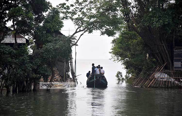 হাওরের জল আর দুস্থ মানুষের চোখের লোনা জল মিলেমিশে একাকার। যে বেলায় গোলায় ধান ভরার কথা, সে বেলায় অশ্রুতে বুক ভাসাচ্ছে হাওরবাসী। ছবি : মাহবুব আলম