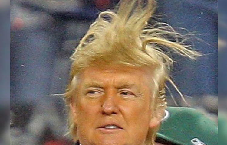 ট্রাম্প বনাম বাতাস। দুষ্টু বাতাসে চুল উড়িয়ে সময় কাটাচ্ছেন তিনি।