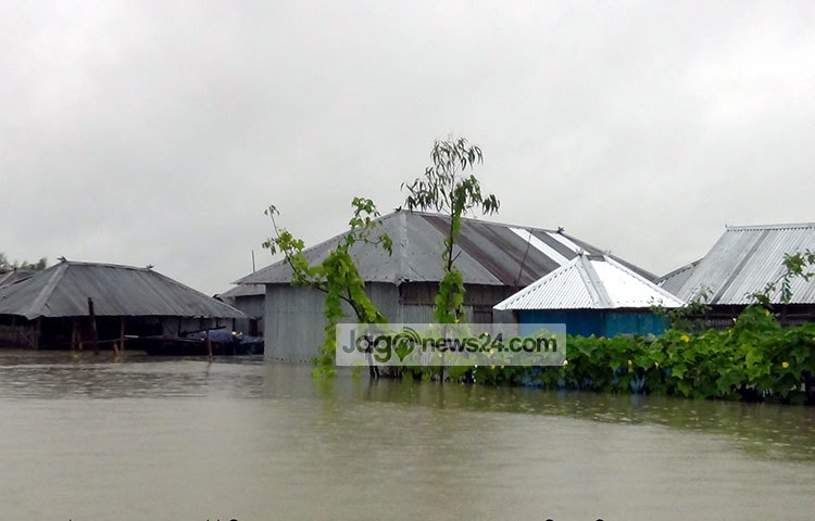 কুড়িগ্রাম সদর উপজেলার ভোগডাঙ্গা ইউনিয়নের জগমোহনের চর এলাকার ঘর-বাড়ি ডুবে  গেছে।