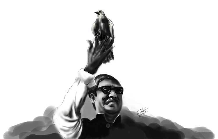 শান্তির প্রতীক পায়রা উড়িয়ে দিচ্ছেন জাতির জনক। এদেশের মানুষকে তিনি সোনার বাংলা নির্মাণের স্বপ্ন দেখিয়েছিলেন। সেই পথ ধরেই এগিয়ে চলছে স্বদেশ।