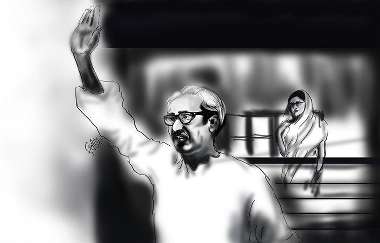 ২৩ মার্চ ১৯৭১, জনতার অভিনন্দনের জবাবে হাত নাড়ছেন বঙ্গবন্ধু ৩২ নম্বর বাড়ির বারান্দা থেকে। পেছনে তার জ্যেষ্ঠ কন্যা শেখ হাসিনা।