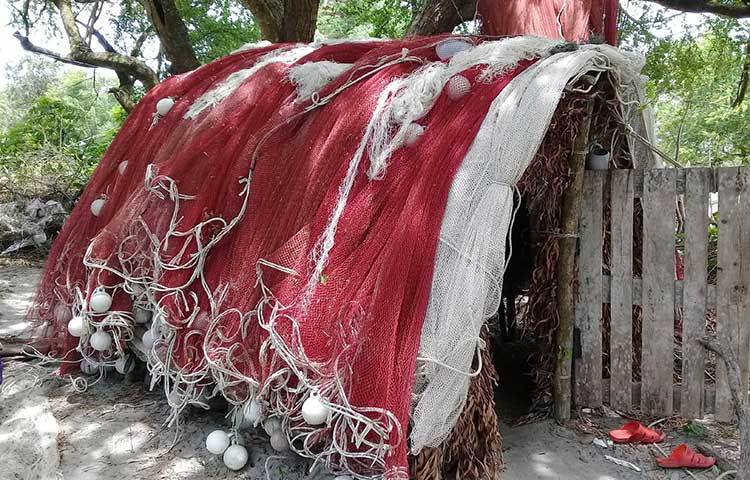 চরগঙ্গামতি জেলেপাড়ায় জেলেদের বাসার ছাউনীর উপরে নিরাপদে রাখা জাল। ছবি : কাজী সাঈদ