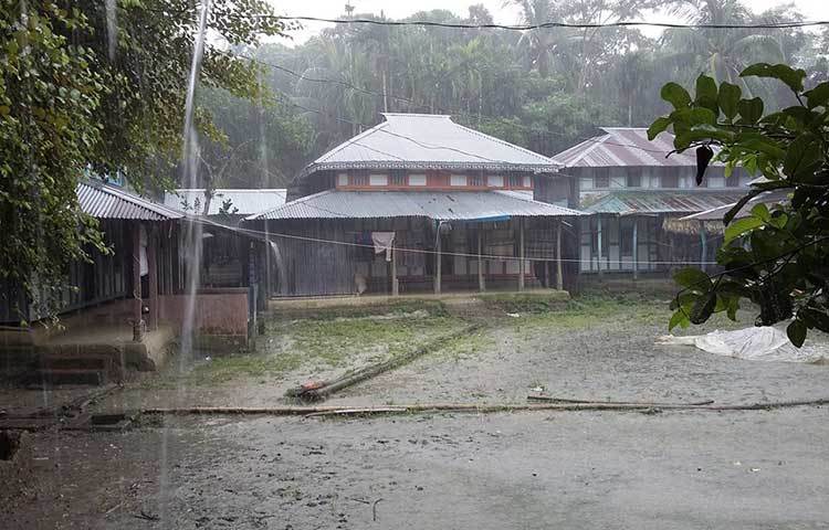 শরতের শুরুতে মাঝে মধ্যে ঝুম বৃষ্টিও নামে। বৃষ্টিতে ভিজছে বাড়ির আঙিনা। ছবি : মাসুদ রানা