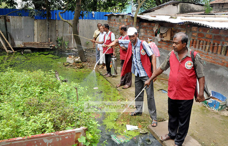 বনানী ও গুলশান এলাকার জলাবদ্ধ স্থানে মশক নিধনের ঔষধ স্প্রে করা হচ্ছে। সব ওয়ার্ড কাউন্সিলরের সরাসরি তত্ত্বাবধানে চিকুনগুনিয়া প্রতিরোধে নগরীতে মশক নিধন কার্যক্রম পরিচালিত হচ্ছে। ছবি : বিপ্লব দিক্ষিৎ
