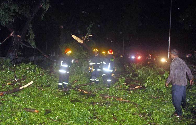 ঝড়ে ভেঙ্গে যাওয়া গাছপালা রাস্তা থেকে সরিয়ে নিচ্ছেন ফায়ার সার্ভিসের কর্মীরা। ছবি : বিপ্লব দিক্ষিৎ