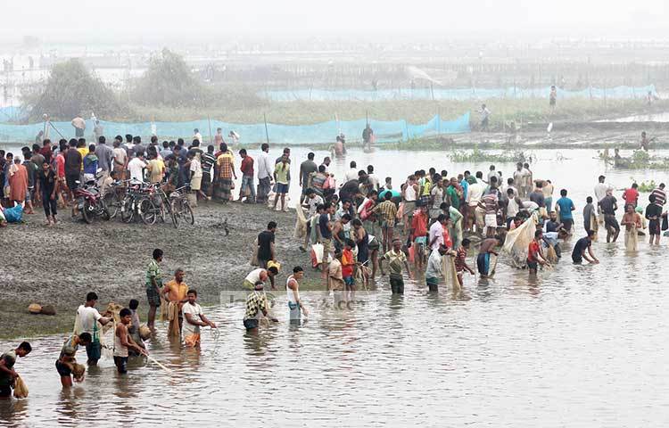 মাছ ধরাকে কেন্দ্র করে এলাকার যুবকরা বাইরের মোটর সাইকেল, বাইসাইকেল রাখার জন্য তৈরি করেছেন অস্থায়ী গ্যারেজ। ছবি : মো. রবিউল এহসান রিপন