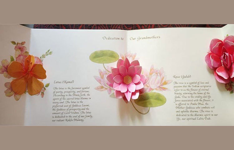 বিয়ের কার্ডে রয়েছে গোলাপ ফুল ও পদ্ম ফুলের নকশা। গোলাপ হচ্ছে ভালবাসা ও প্যাশনের প্রতীক। পদ্ম ফুল পবিত্রতা ও সমৃদ্ধির প্রতীক, যা নিবেদিত দু’জনের ঠাকুমা কোকিলা মাম্মি ও ললিতা দিদির উদ্দেশে, লিখেছেন এই যুগল।