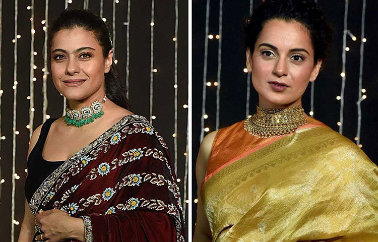 নীল কুঁচি, লাল আঁচল, দু’রঙা ভেলভেটের শাড়ি ও সবুজ পাথরের নেকপিসে সেজে হাজির ছিলেন কাজল। নিজেকে পুরো সোনালি রঙে মুড়ে ফেলে পার্টিতে নজর কাড়লেন কঙ্গনা।