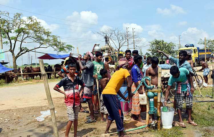 গরু ব্যবসায়ীরা খারার জন্য পানি সংগ্রহ করছেন অস্থায়ী টিউবওয়েল থেকে। ছবি : বিপ্লব দিক্ষিৎ