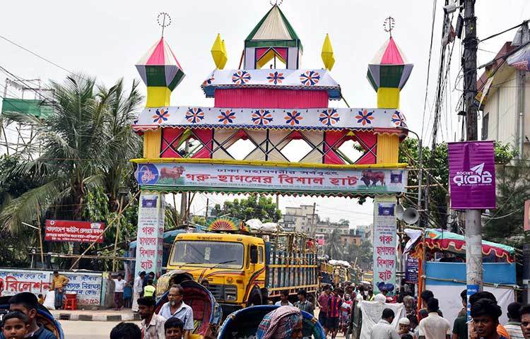 গরু-ছাগলের অস্থায়ী হাটকে কেন্দ্র করে ক্রেতাদের আকর্ষণের জন্য বিশাল তোরণ তৈরি করা হয়েছে। ছবি : বিপ্লব দিক্ষিৎ