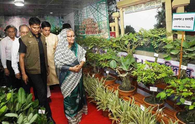 বনসাইয়ের স্টল ঘুরে ঘুরে দেখছেন প্রধানমন্ত্রী।