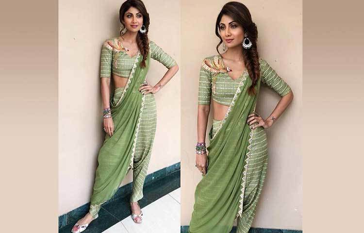 টিয়া রঙে সেজেছেন শিল্পা। মনে হয় যেন দূর দেশি বালিকা।