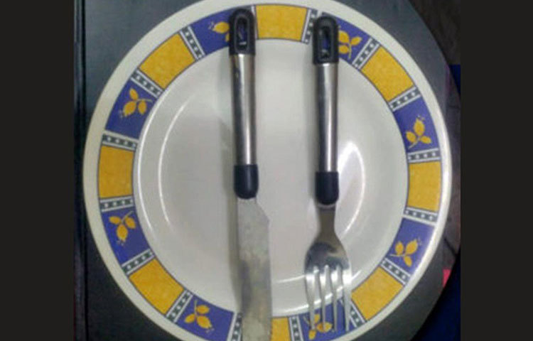 এবার ধরুণ উল্টোটা ঘটল। খাবার একেবারেই পছন্দ হয়নি। সার্ভিসও ভাল লাগেনি। তা হলে ছুরি-চামচ উল্টো করে সমান্তরালে রেখে দিন। আপনার যে প্রচুর অভিযোগ রয়েছে তার প্রতিফলন চামচের এই ভঙ্গি।