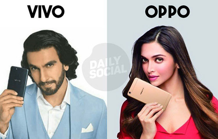 রণবীর সিং বিজ্ঞাপন করছেন, চায়না বেসড স্মার্টফোন ভিভোর হয়ে, আর দীপিকা কাজ করেছেন ওপ্পোর বিজ্ঞাপনে। এই দু’টি ব্র্যান্ড পরস্পরের মারাত্মক প্রতিদ্বন্ধী।