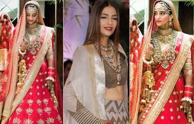 বিগ ফ্যাট পঞ্জাবি ওয়েডিংয়ে বিয়ের দিন সোনম পরেছিলেন অনুরাধা ভাকিলের ডিজাইনার বেস্পোক লেহেঙ্গা। রিসেপশনে পরেছিলেন অনামিকা খন্নার শেভরন প্যাটার্ন লেহেঙ্গা।