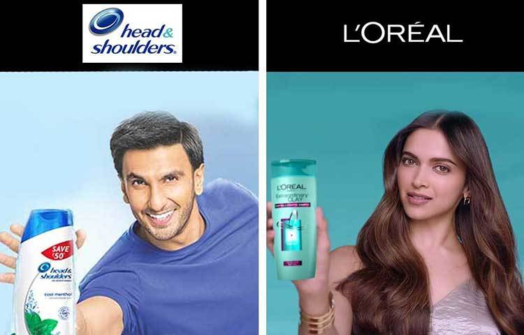 হেড অ্যান্ড শোল্ডার্সের হয়ে বিজ্ঞাপনে অংশ নিচ্ছেন রণবীর, আর দীপিকা বিজ্ঞাপনে বলছেন ল’রিয়েল ব্যবহার করার কথা।