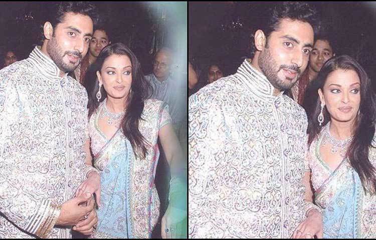 এই ছবিটি ঐশ্বর্য-অভিষেকের সংগীত সেরিমনির। এখানে ঐশ্বরিয়াকে প্যাস্টেল নীল রঙের ঘাঘরাতে দেখা যাচ্ছে। অভিষেকের পরনে ছিল রুপালি রঙের শেরওয়ানিতে।