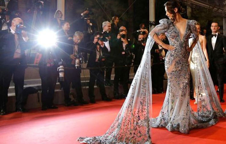 ডিজাইনার জাইদ নাকাদ এর ডিজাইন করা সিমারি স্টোন ওয়ার্ক গাউনে কান এর রেড কার্পেটে অভিষেক করেন হিনা।