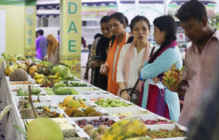 জাতীয় ফল প্রদর্শনীর একটি স্টলে দর্শনার্থীর ভিড়। ছবি: মাহবুব আলম