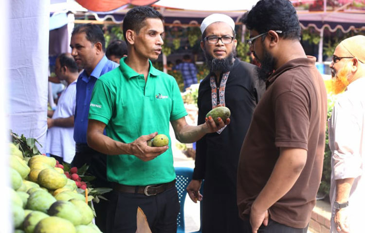 একটি স্টলের প্রতিনিধি দর্শনার্থীদের আম দেখাচ্ছেন। ছবি: মাহবুব আলম