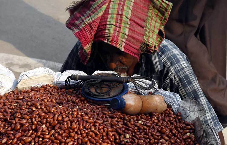 বাদাম বিক্রেতা এই বৃদ্ধ গরমে দিশেহারা হয়ে পড়েছেন। ছবি: বিপ্লব দিক্ষিৎ