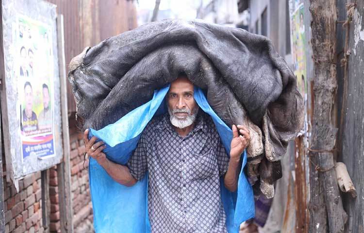 এক কর্মচারী আড়তে চামড়া নিয়ে যাচ্ছেন। ছবি: মাহবুব আলম