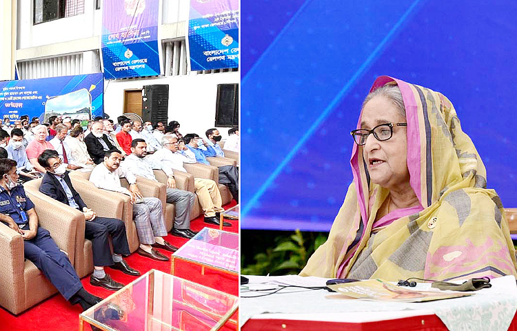 প্রধানমন্ত্রী শেখ হাসিনা আজ গণভবন থেকে ভিডিও কনফারেন্সের মাধ্যমে একটি ব্রডগেজ ও একটি মিটারগেজ কোচ সংবলিত বঙ্গবন্ধু শেখ মুজিব ভ্রাম্যমাণ রেল জাদুঘর এবং সংগৃহীত ৩০টি মিটারগেজ ও ১৬টি ব্রডগেজ লোকোমোটিভ উদ্বোধন করেন। ছবি: পিআইডি