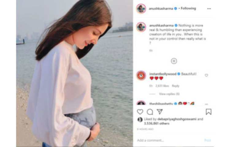 রবিবার বেবি বাম্পের ছবি পোস্ট করে অনুশকা শর্মা লেখেন, ‘একটা নতুন জীবন সৃষ্টি করার থেকে সত্যি আর কিছু হতে পারে না। এটা এমন একটা বিষয়ে যেটা আপনার নিয়ন্ত্রণে নেই’।