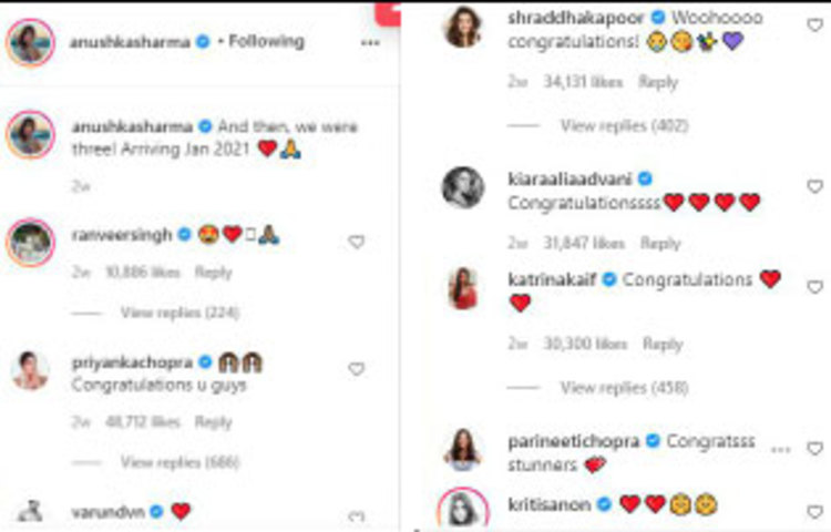 অনুশকা শর্মার এই পোস্টের নিচে শুভেচ্ছা বার্তায় ভরে যায়। রণবীর সিং, বরুণ ধাওয়ান, কিয়ারা আডবাণী, ক্যাটরিনা কাইফ থেকে শুরু করে অনেক বলিউড তারকাই বিরাট-অনুশকাকে শুভেচ্ছা জানান।